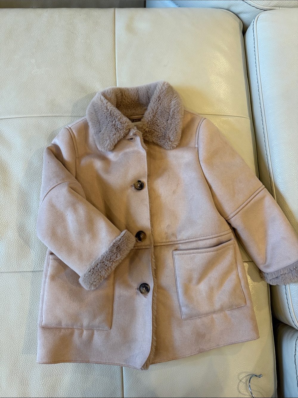 Mango Kids Faux Shearling Pea Coat in Blush Pink
